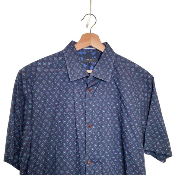Ted Baker Mens All Over GEO Print Short Sleeve Button Up Shirt Size Large Blue - Picture 3 of 10